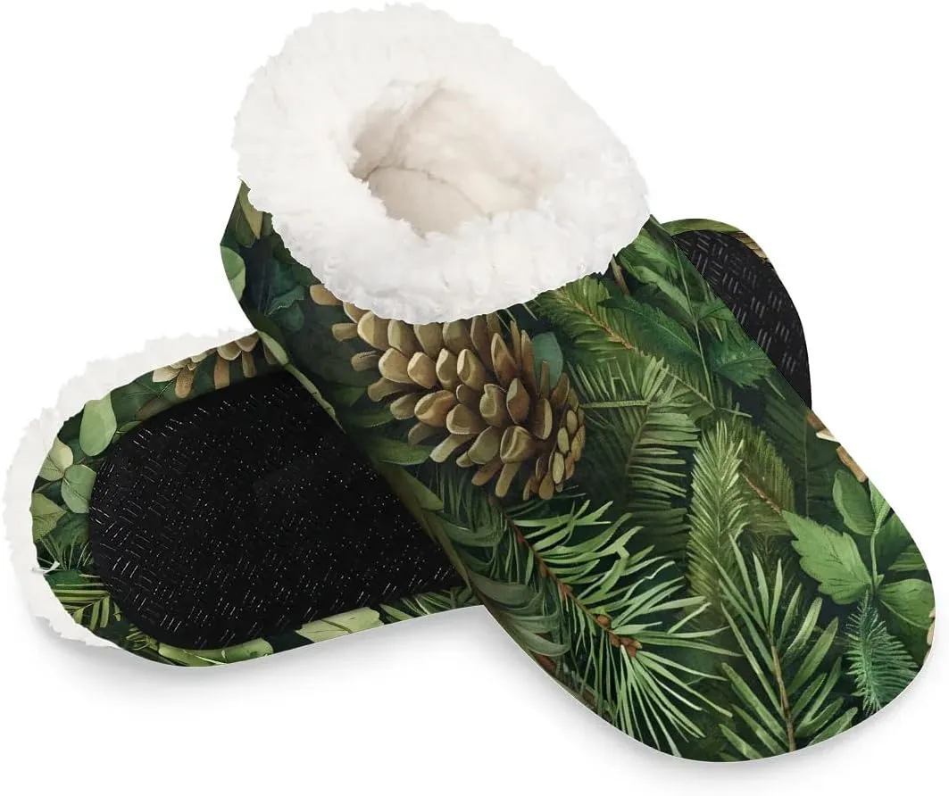 KOBLEN Plants Pine Cones Slippers for Women House Shoes with Fleece Lining Wide Comfy Full Slippers Lightweight Cozy Loafer with Rubber Sole Unisex Slippers Adults for Indoor Outdoor