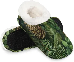 KOBLEN Plants Pine Cones Slippers for Women House Shoes with Fleece Lining Wide Comfy Full Slippers Lightweight Cozy Loafer with Rubber Sole Unisex Slippers Adults for Indoor Outdoor