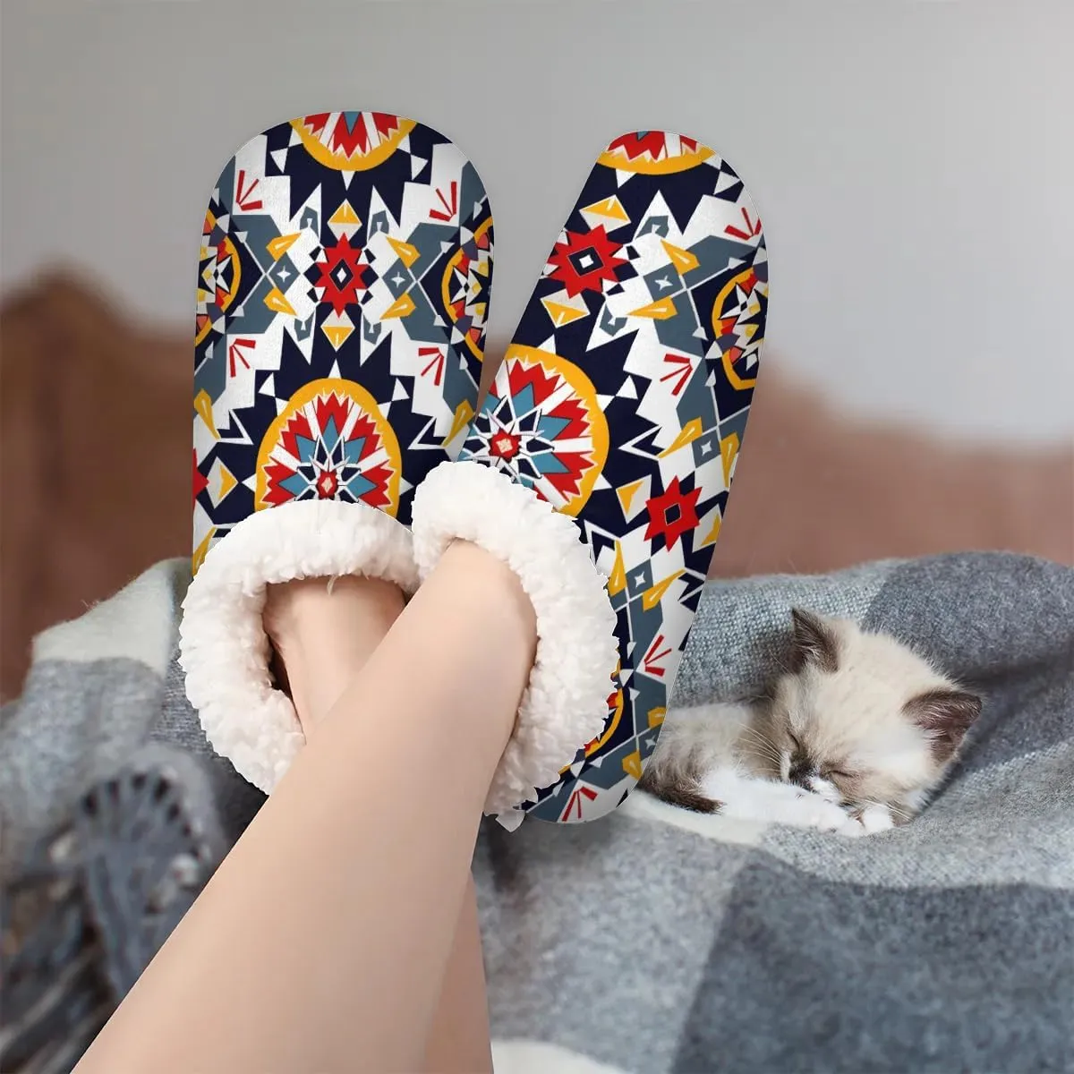 KOBLEN Retro Flower Patterns Slippers for Women House Shoes with Fleece Lining Wide Comfy Full Slippers Lightweight Cozy Loafer with Rubber Sole Unisex Slippers Adults for Indoor Outdoor