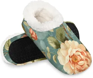 KOBLEN Retro Flowers Colored Slippers for Women House Shoes with Fleece Lining Wide Comfy Full Slippers Lightweight Cozy Loafer with Rubber Sole Unisex Slippers Adults for Indoor Outdoor