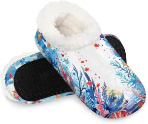 KOBLEN Seaweed Fish Paint Slippers for Women House Shoes with Fleece Lining Wide Comfy Full Slippers Lightweight Cozy Loafer with Rubber Sole Unisex Slippers Adults for Indoor Outdoor