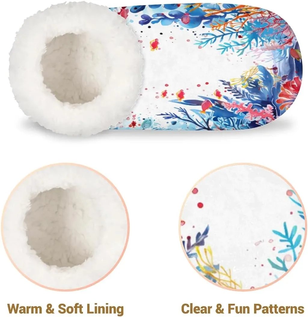 KOBLEN Seaweed Fish Paint Slippers for Women House Shoes with Fleece Lining Wide Comfy Full Slippers Lightweight Cozy Loafer with Rubber Sole Unisex Slippers Adults for Indoor Outdoor