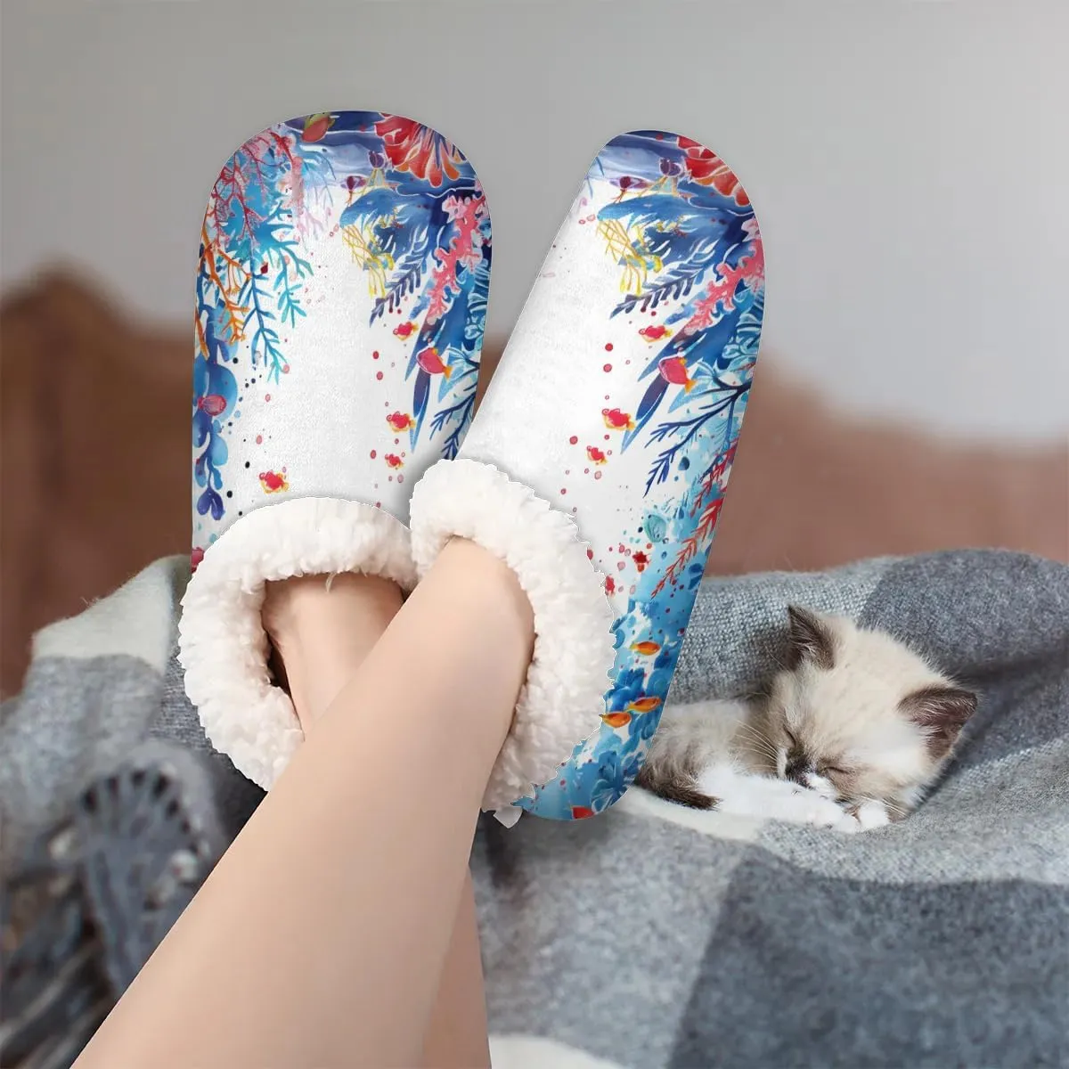 KOBLEN Seaweed Fish Paint Slippers for Women House Shoes with Fleece Lining Wide Comfy Full Slippers Lightweight Cozy Loafer with Rubber Sole Unisex Slippers Adults for Indoor Outdoor