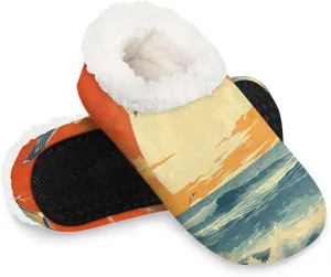 KOBLEN Sunset Sea Bird Slippers for Women House Shoes with Fleece Lining Wide Comfy Full Slippers Lightweight Cozy Loafer with Rubber Sole Unisex Slippers Adults for Indoor Outdoor