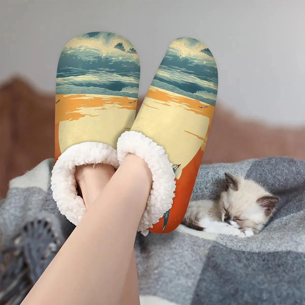 KOBLEN Sunset Sea Bird Slippers for Women House Shoes with Fleece Lining Wide Comfy Full Slippers Lightweight Cozy Loafer with Rubber Sole Unisex Slippers Adults for Indoor Outdoor