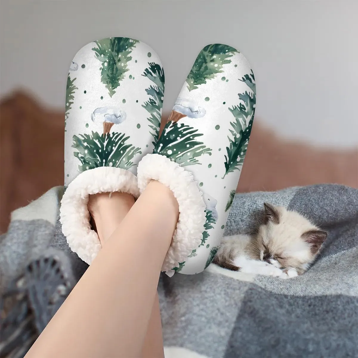 KOBLEN Trees Plants Slippers for Women House Shoes with Fleece Lining Wide Comfy Full Slippers Lightweight Cozy Loafer with Rubber Sole Unisex Slippers Adults for Indoor Outdoor