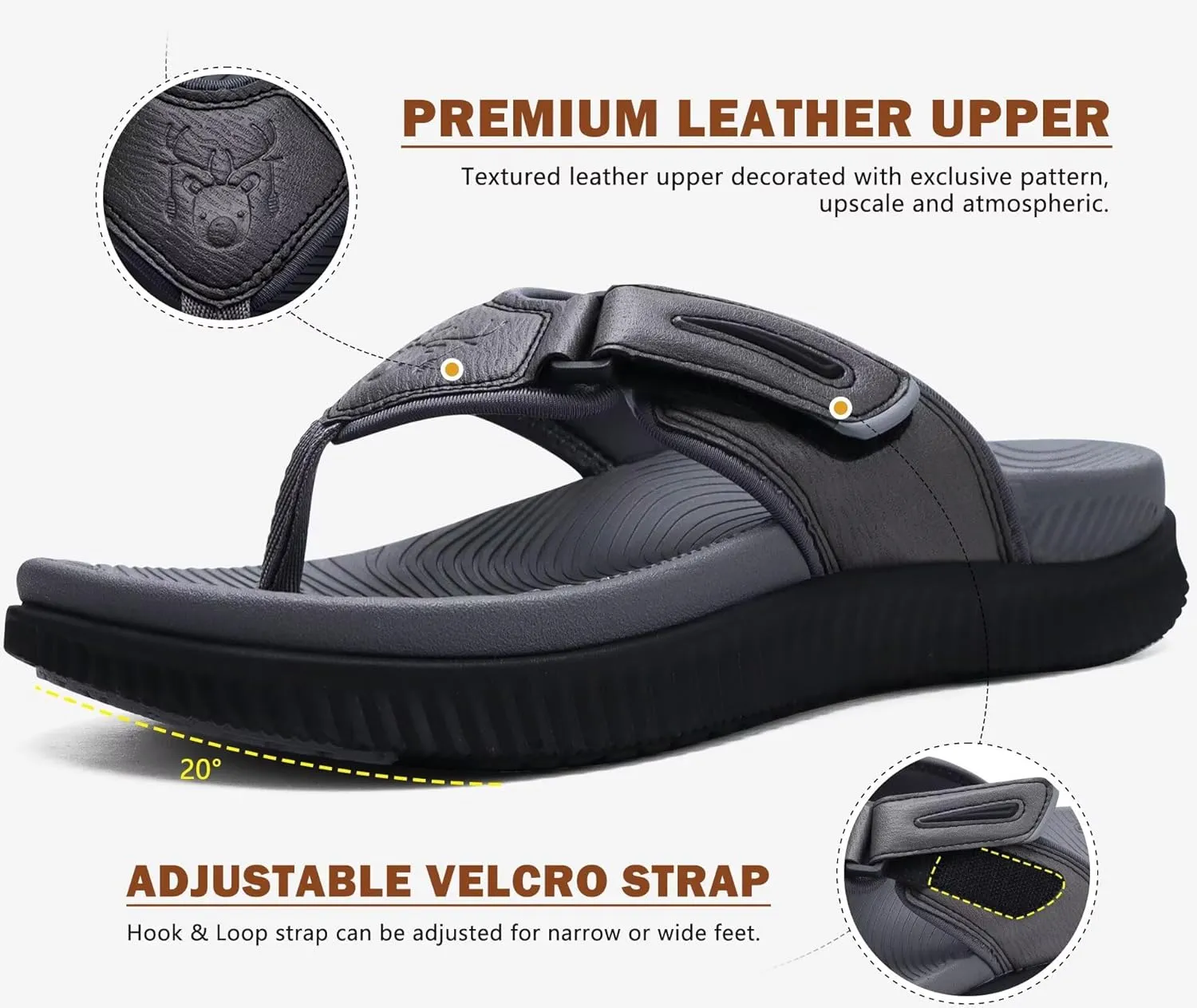 KuaiLu Mens Orthotic Flip Flops Men's Recovery Walking Sandals Adjustable Thick Athletic Cushion Sport Slides for Man, Water Resistant & Lightweight, Soft Comfort Fit & Arch Support