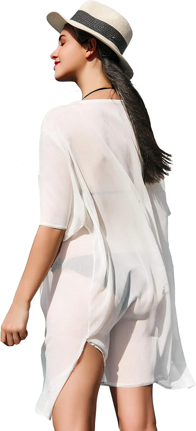 LA CARRIE Women's Chiffon Kimono Cardigan Cover Up with Half Sleeve Summer Sheer Beachwear Swimsuit for Bikini