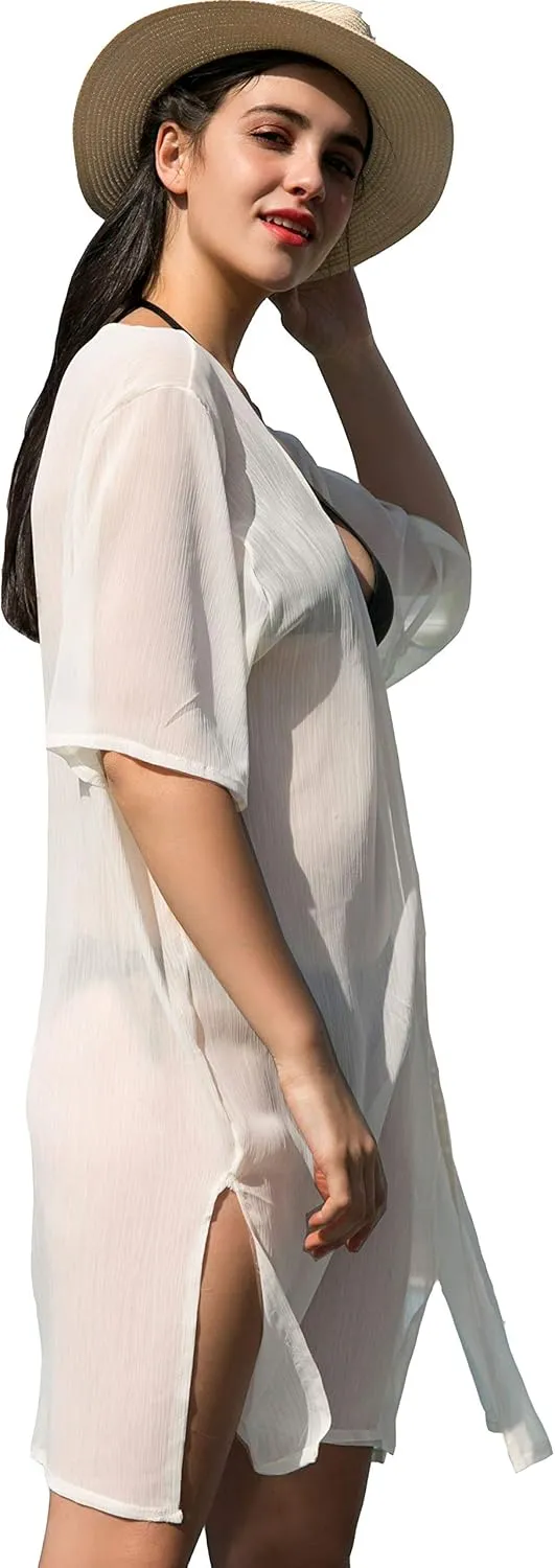 LA CARRIE Women's Chiffon Kimono Cardigan Cover Up with Half Sleeve Summer Sheer Beachwear Swimsuit for Bikini