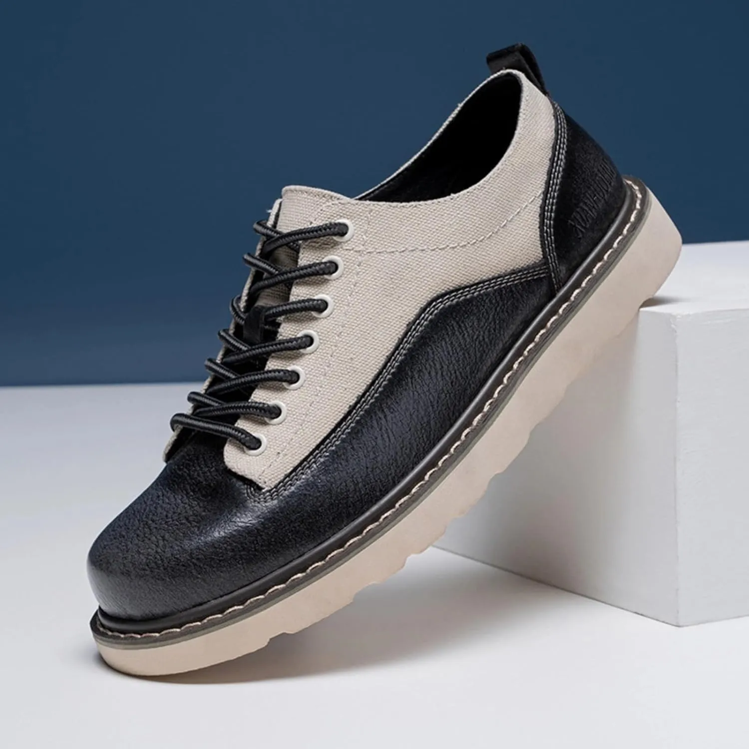 Leather Canvas Oxford Shoes, Men's Casual Retro Sneakers, Low Top, Lace Up, City Commuter, Hybrid Dress, Classic