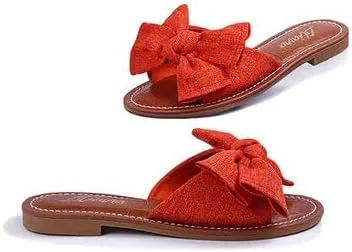 Liliana Women's Clarissa-1 Faux Croc Footbed Bow Accent Strap Flat Slip On Sandals