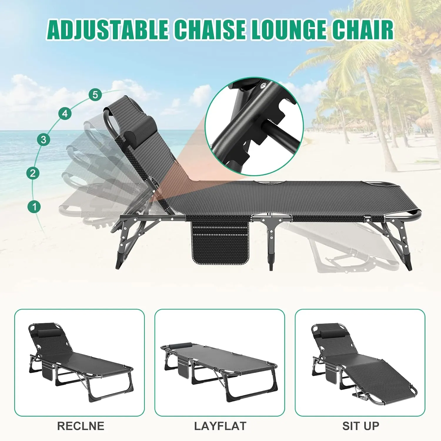 LILYPELLE Folding Outside Chaise Lounge Chair with Mattress, 5 Position Adjustable Patio Reclining Chairs Perfect for Outside, Sunbathing, Camping, Pool, Beach, Cozy Blue