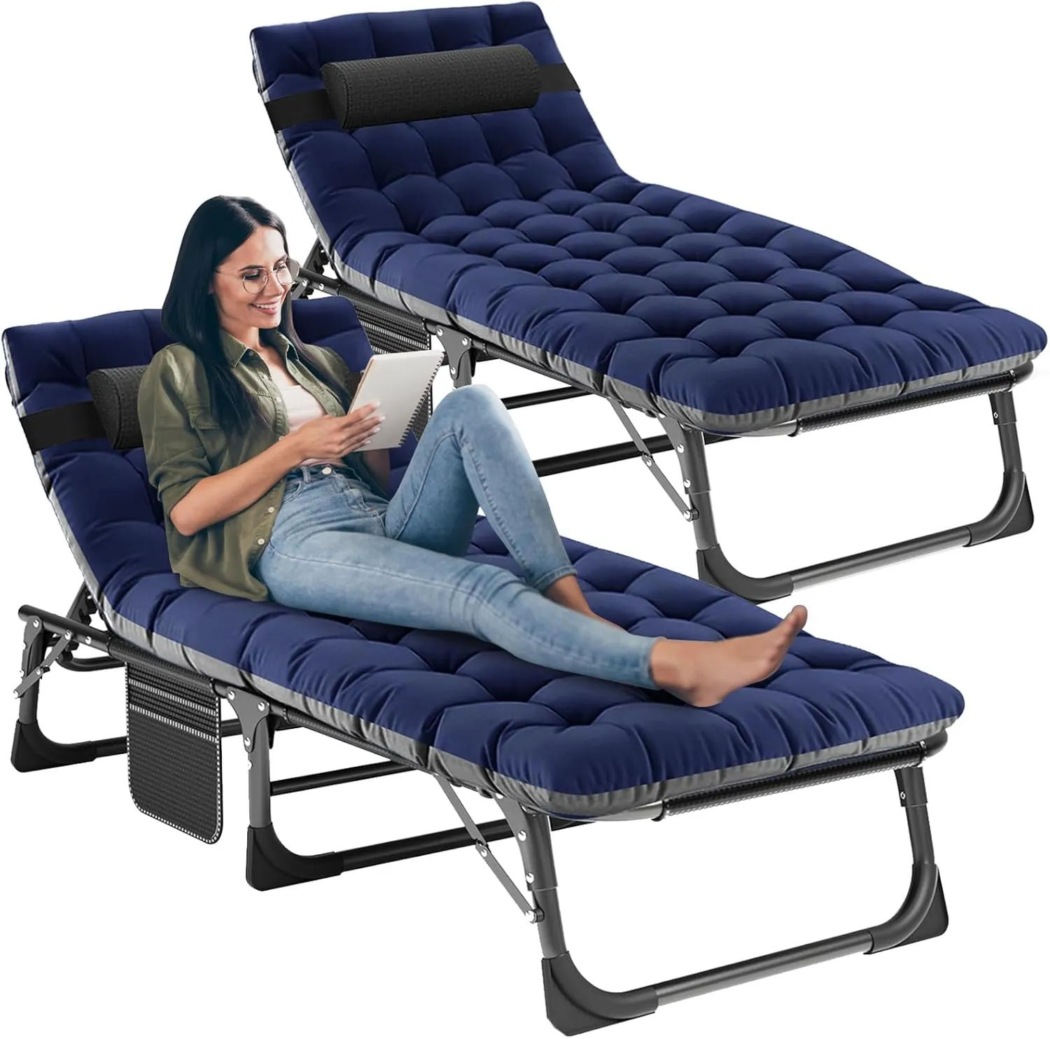 LILYPELLE Folding Outside Chaise Lounge Chair with Mattress, 5 Position Adjustable Patio Reclining Chairs Perfect for Outside, Sunbathing, Camping, Pool, Beach, Cozy Blue