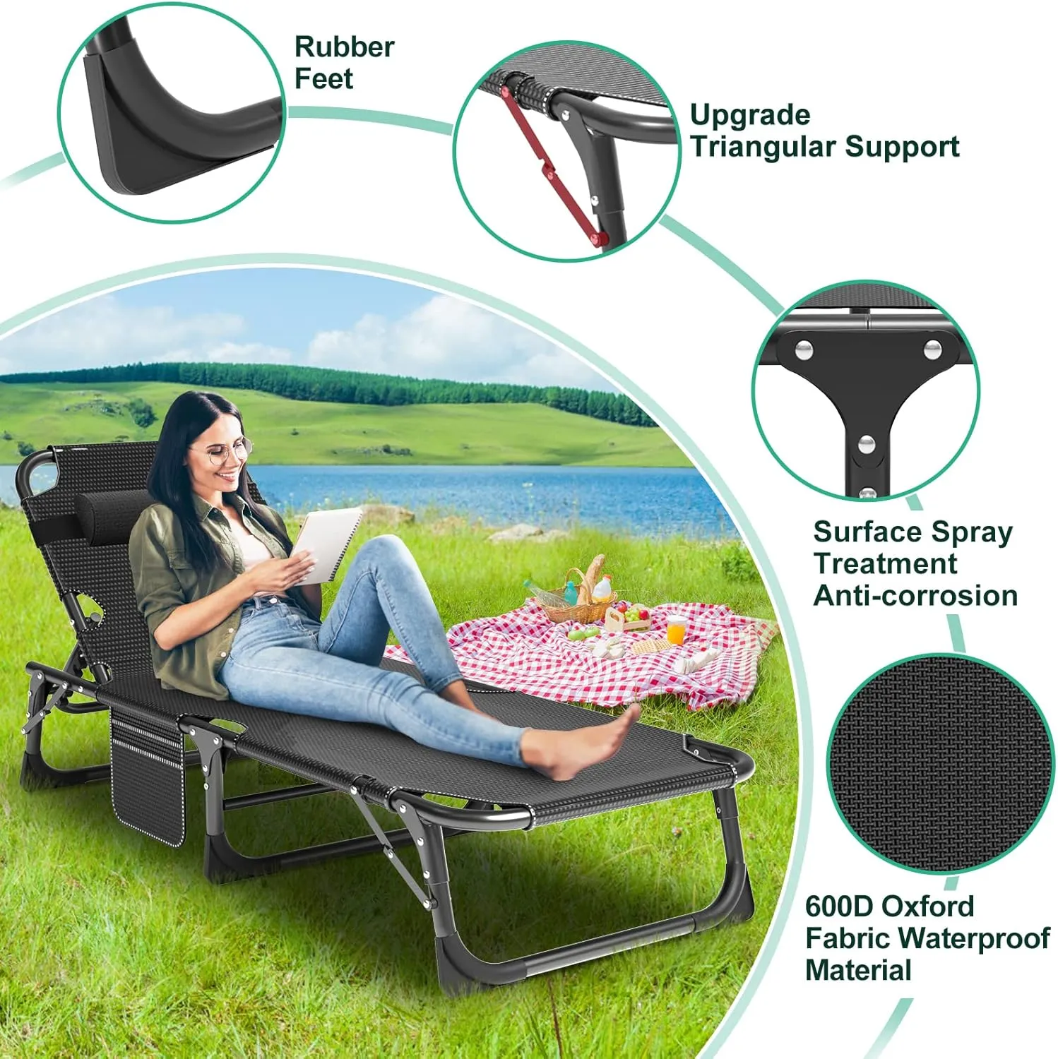 LILYPELLE Folding Outside Chaise Lounge Chair with Mattress, 5 Position Adjustable Patio Reclining Chairs Perfect for Outside, Sunbathing, Camping, Pool, Beach, Cozy Blue