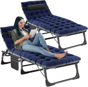 LILYPELLE Folding Outside Chaise Lounge Chair with Mattress, 5 Position Adjustable Patio Reclining Chairs Perfect for Outside, Sunbathing, Camping, Pool, Beach, Cozy Blue