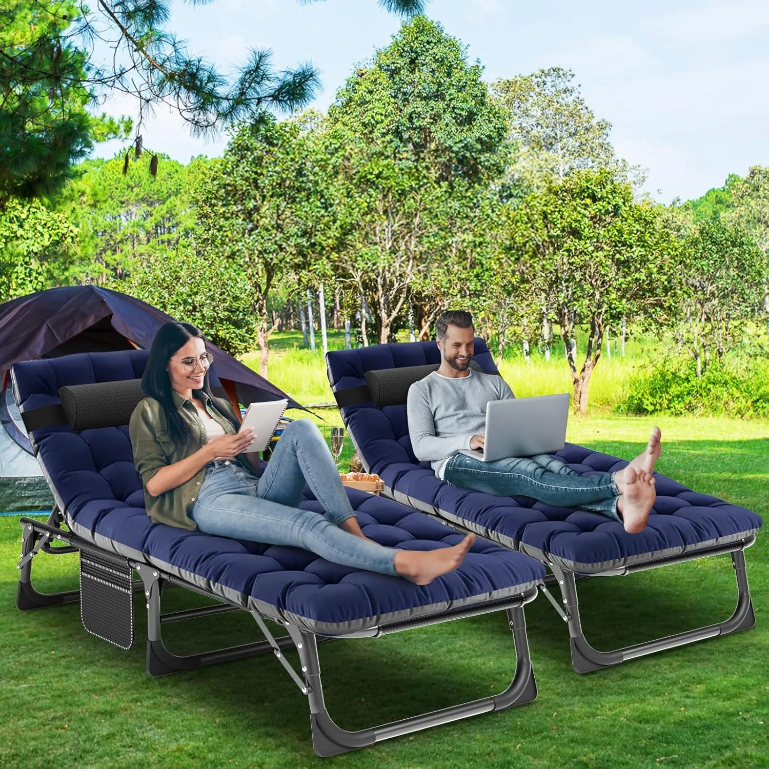 LILYPELLE Folding Outside Chaise Lounge Chair with Mattress, 5 Position Adjustable Patio Reclining Chairs Perfect for Outside, Sunbathing, Camping, Pool, Beach, Cozy Blue