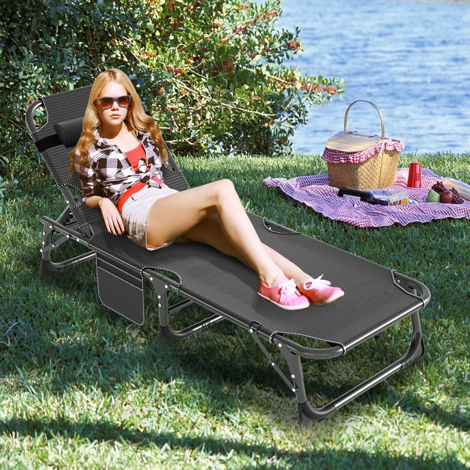 LILYPELLE Folding Outside Chaise Lounge Chair with Mattress, 5 Position Adjustable Patio Reclining Chairs Perfect for Outside, Sunbathing, Camping, Pool, Beach, Cozy Blue