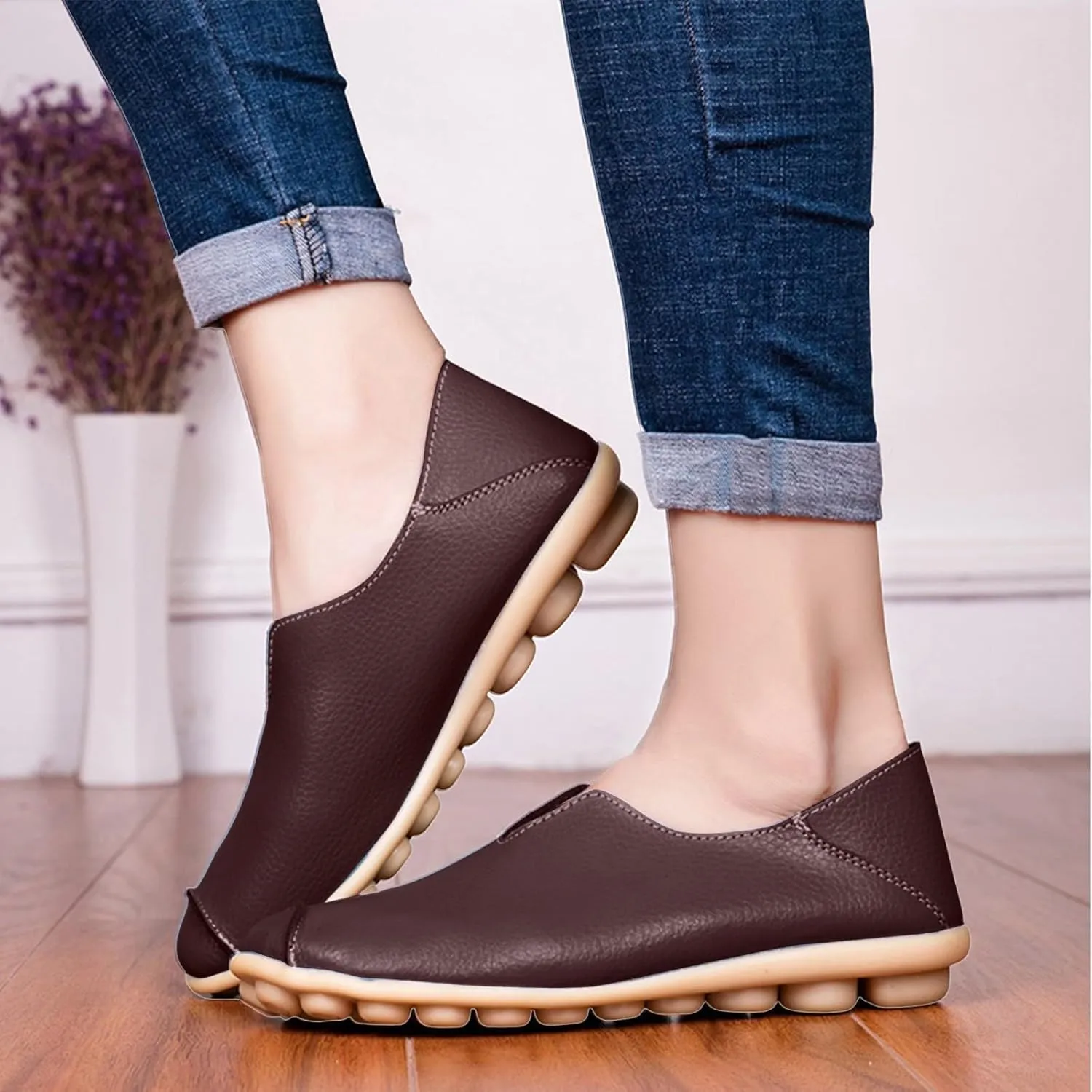 Loafers for Women Comfort Round Toe Leather Vamp Flats Slip On Lightweight Casual Shoes Wild Driving Flats Boat Shoes Summer Walking Vacation Beach Loafers Fashion Loafer