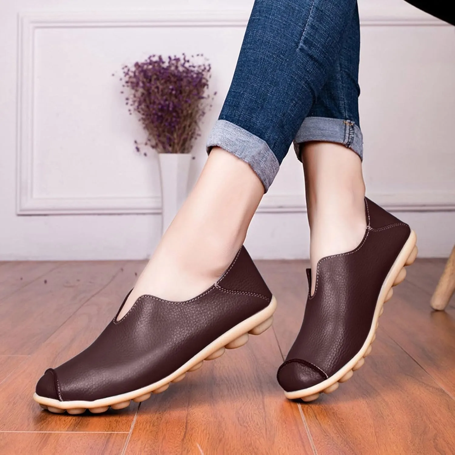 Loafers for Women Comfort Round Toe Leather Vamp Flats Slip On Lightweight Casual Shoes Wild Driving Flats Boat Shoes Summer Walking Vacation Beach Loafers Fashion Loafer