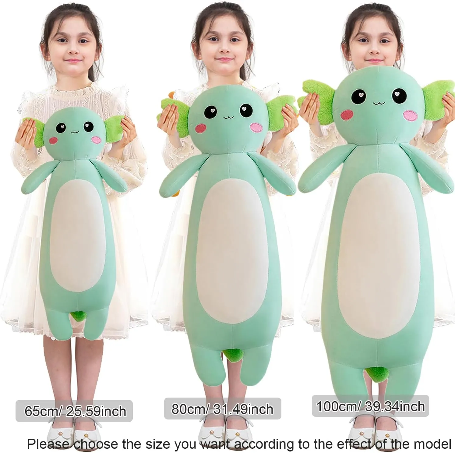 Long Axolotl Plush Pillow, Green Axolotl Stuffed Animal for Girls and Boys Salamander Plush Toy Gift for Christmas (Green, 100cm/39.37inch)