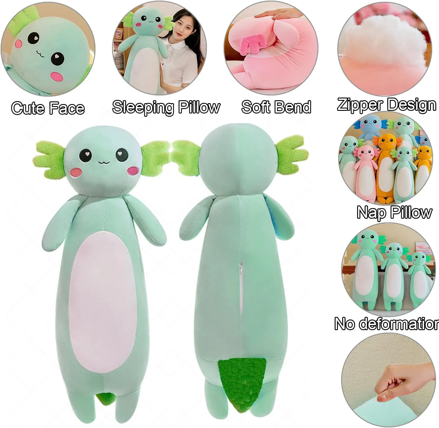 Long Axolotl Plush Pillow, Green Axolotl Stuffed Animal for Girls and Boys Salamander Plush Toy Gift for Christmas (Green, 100cm/39.37inch)