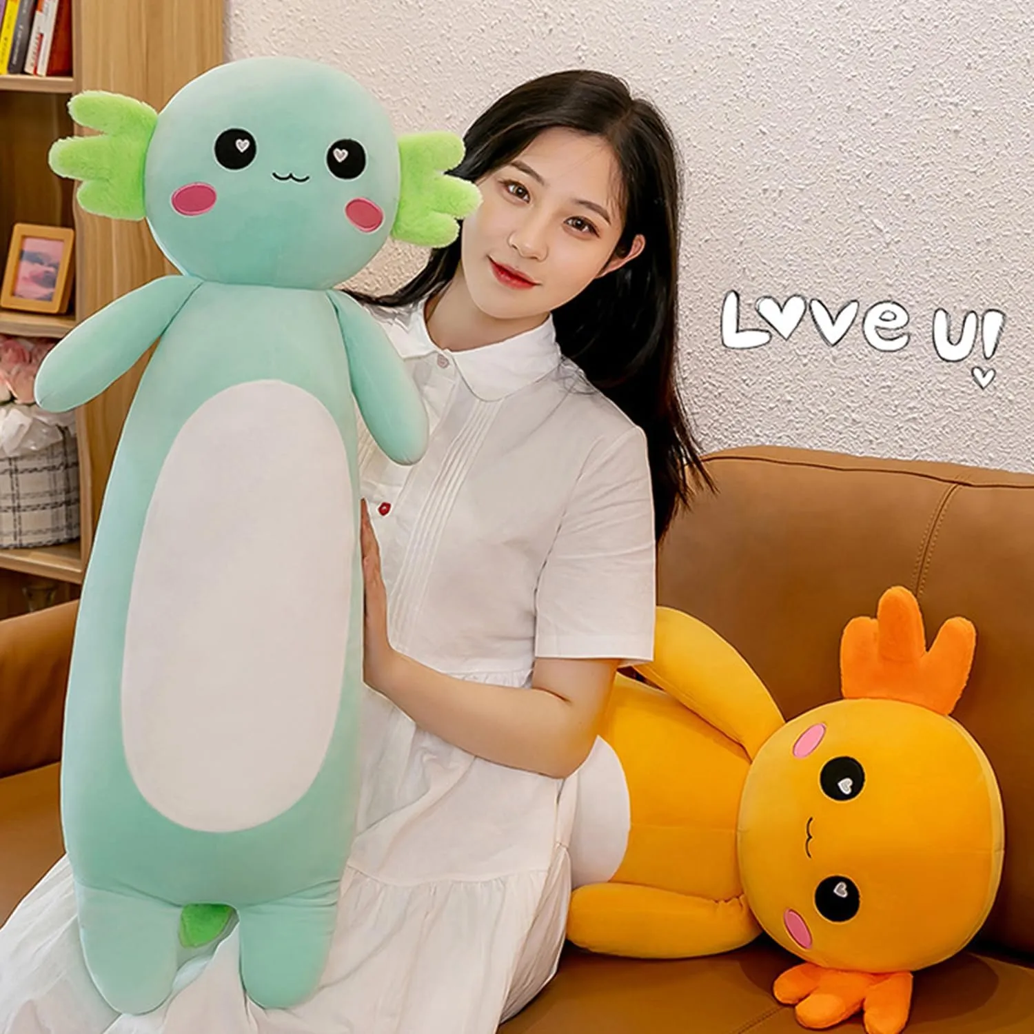 Long Axolotl Plush Pillow, Green Axolotl Stuffed Animal for Girls and Boys Salamander Plush Toy Gift for Christmas (Green, 100cm/39.37inch)