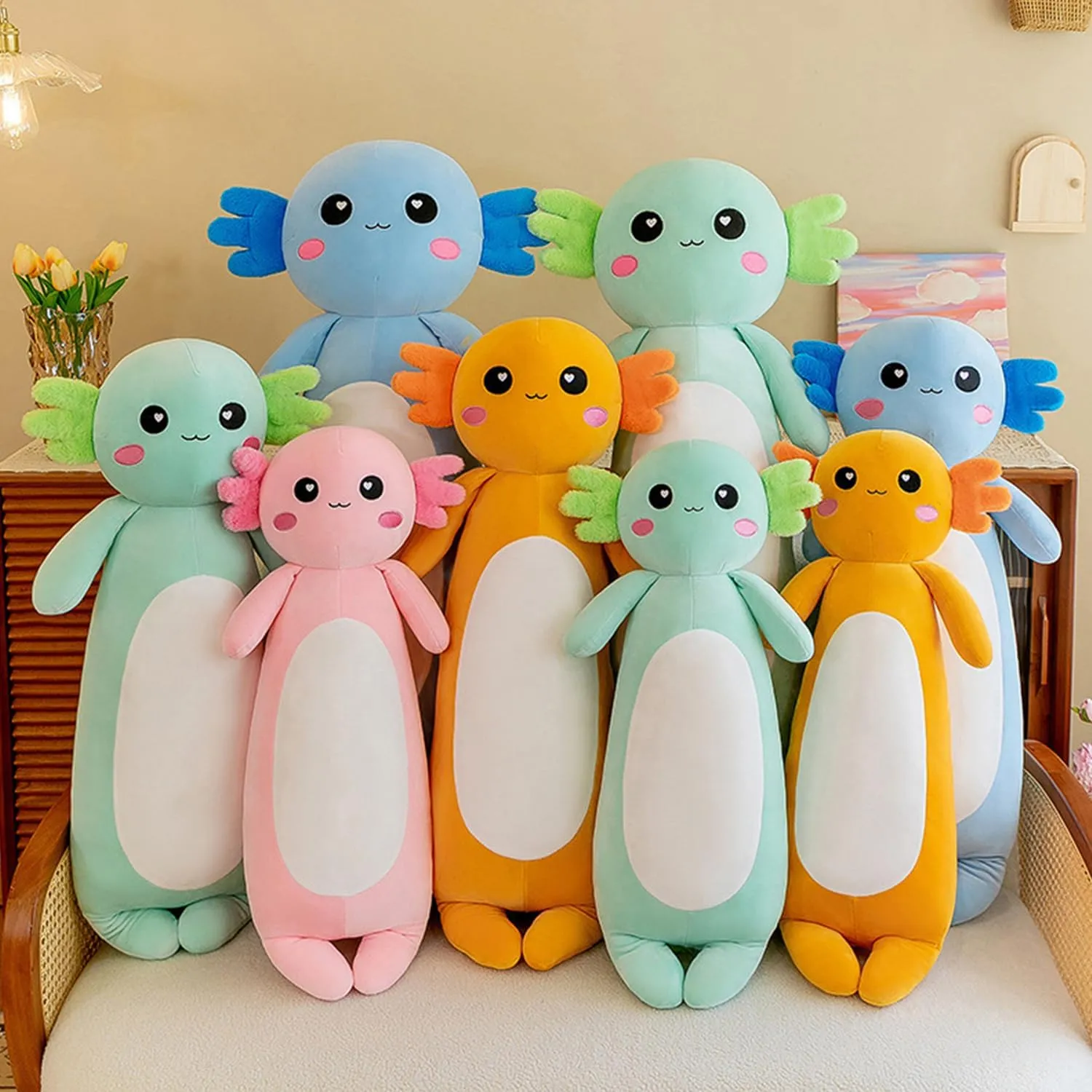 Long Axolotl Plush Pillow, Green Axolotl Stuffed Animal for Girls and Boys Salamander Plush Toy Gift for Christmas (Green, 100cm/39.37inch)