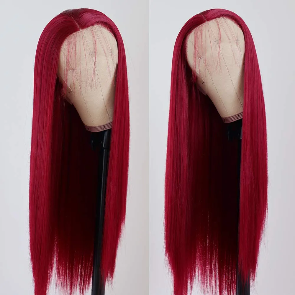 Lovestory Red Wigs For Women Heat Resistant Synthetic Lace Front Wigs Fashion Long Straight Wig 180 Density 22-24 inch