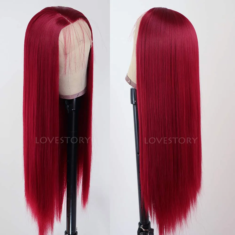 Lovestory Red Wigs For Women Heat Resistant Synthetic Lace Front Wigs Fashion Long Straight Wig 180 Density 22-24 inch