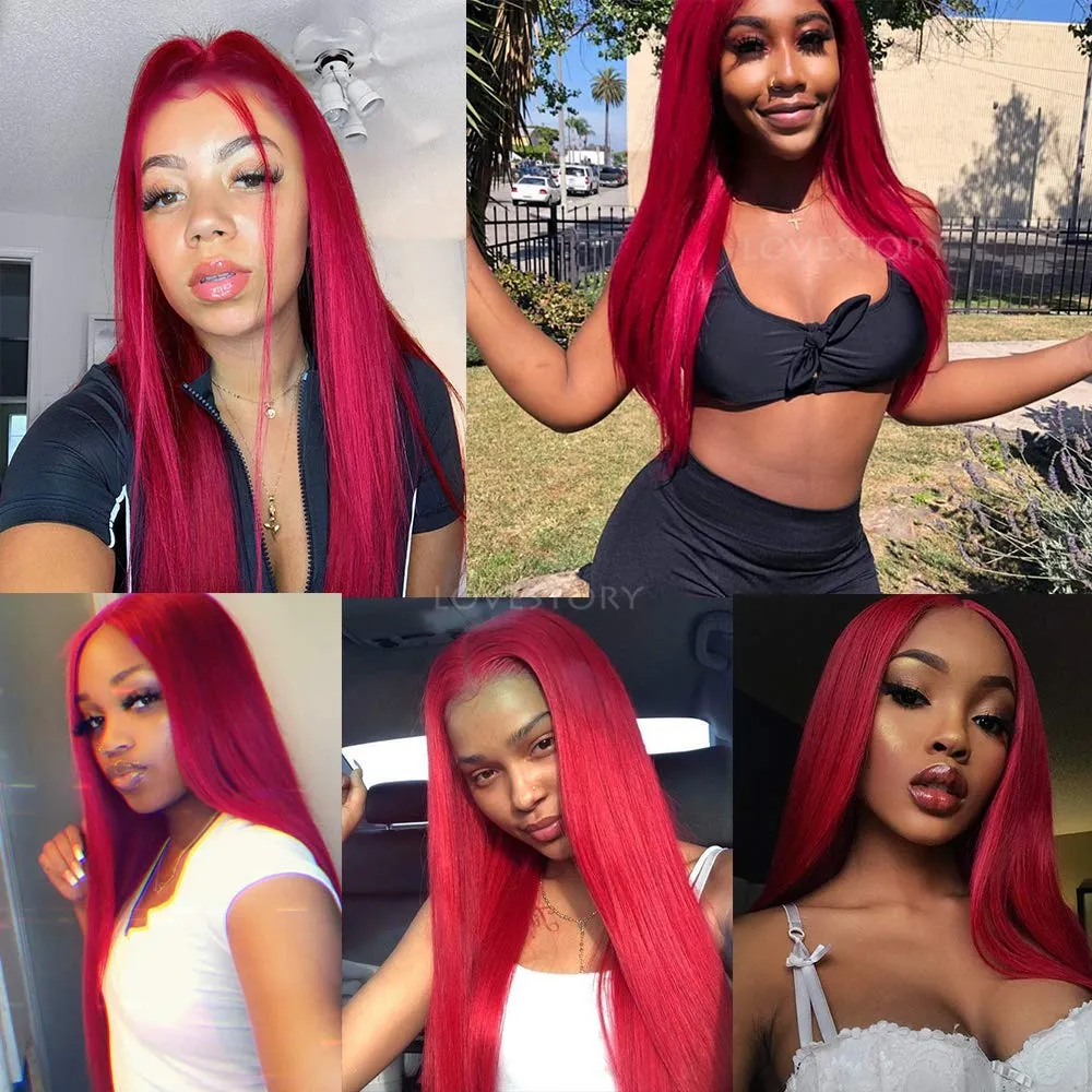 Lovestory Red Wigs For Women Heat Resistant Synthetic Lace Front Wigs Fashion Long Straight Wig 180 Density 22-24 inch