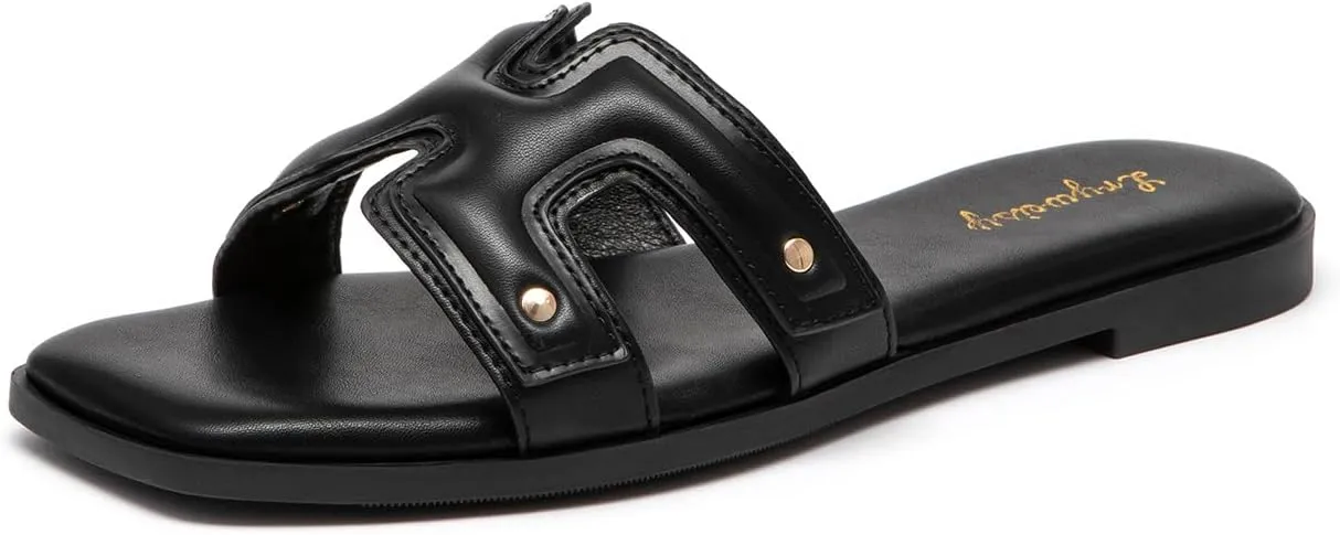 Lryweisy Women's Flat Sandals Comfortable Slip On Slides With Soft Leather Slippers