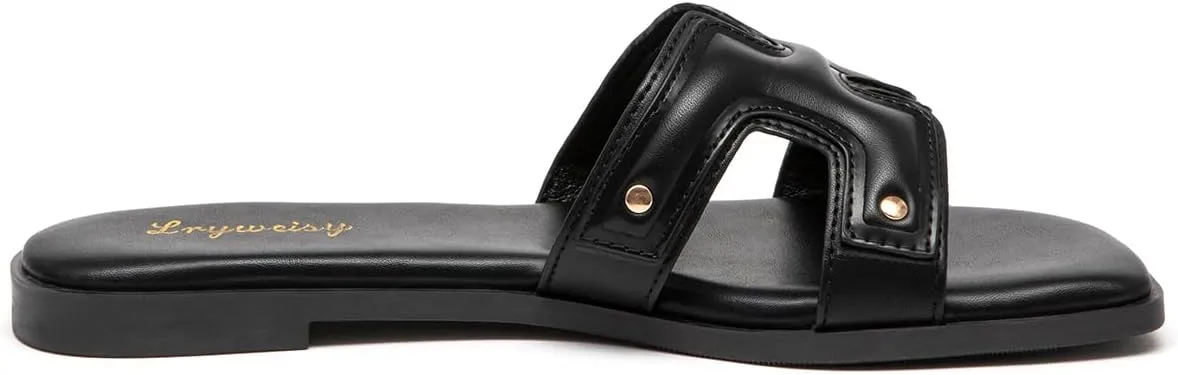 Lryweisy Women's Flat Sandals Comfortable Slip On Slides With Soft Leather Slippers