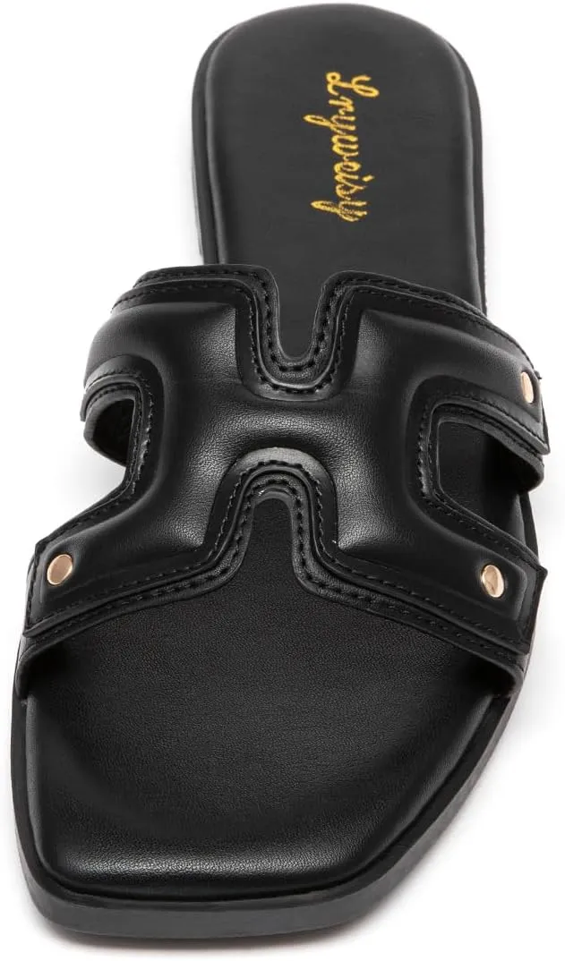 Lryweisy Women's Flat Sandals Comfortable Slip On Slides With Soft Leather Slippers