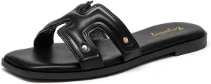 Lryweisy Women's Flat Sandals Comfortable Slip On Slides With Soft Leather Slippers