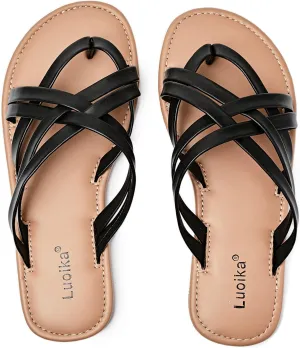 Luoika Women's Wide Width Flat Sandals, Flip Flop Slides Sandal Casual Strapy Sandal Slip on Summer Beach Shoes for Women.