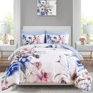 Luxudecor Floral Comforter Set King Size 7 Piece, Blue Flower Bed in a Bag, Elegant Floral Comforter with Sheet Set, Soft Microfiber Bedding Set for All Season (Blue, 104"x90")