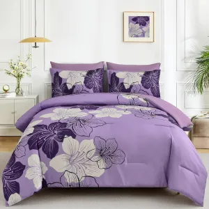 Luxudecor Floral Comforter Set Queen Size, Lavender Floral Comforter and Sheet Set, 7 Pieces Bed in a Bag Soft Microfiber Complete Bedding Sets for All Seasons 90"×90"