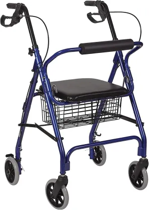 MABIS Rollator Walker, Adjustable Handle Height Folding Walker, Light Weight Aluminum Walker With Basket, Cushioned Seat and Padded Backrest, 23 x 24 x 30.5 Inches, Royal Blue