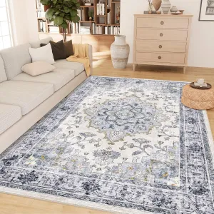 Machine Washable 5x7 Area Rugs for Living Room Vintage Carpet Non Slip Low Pile Water Repellent Soft Print Pattern for Bedroom Indoor Decor Polyester Rug Bluewhite