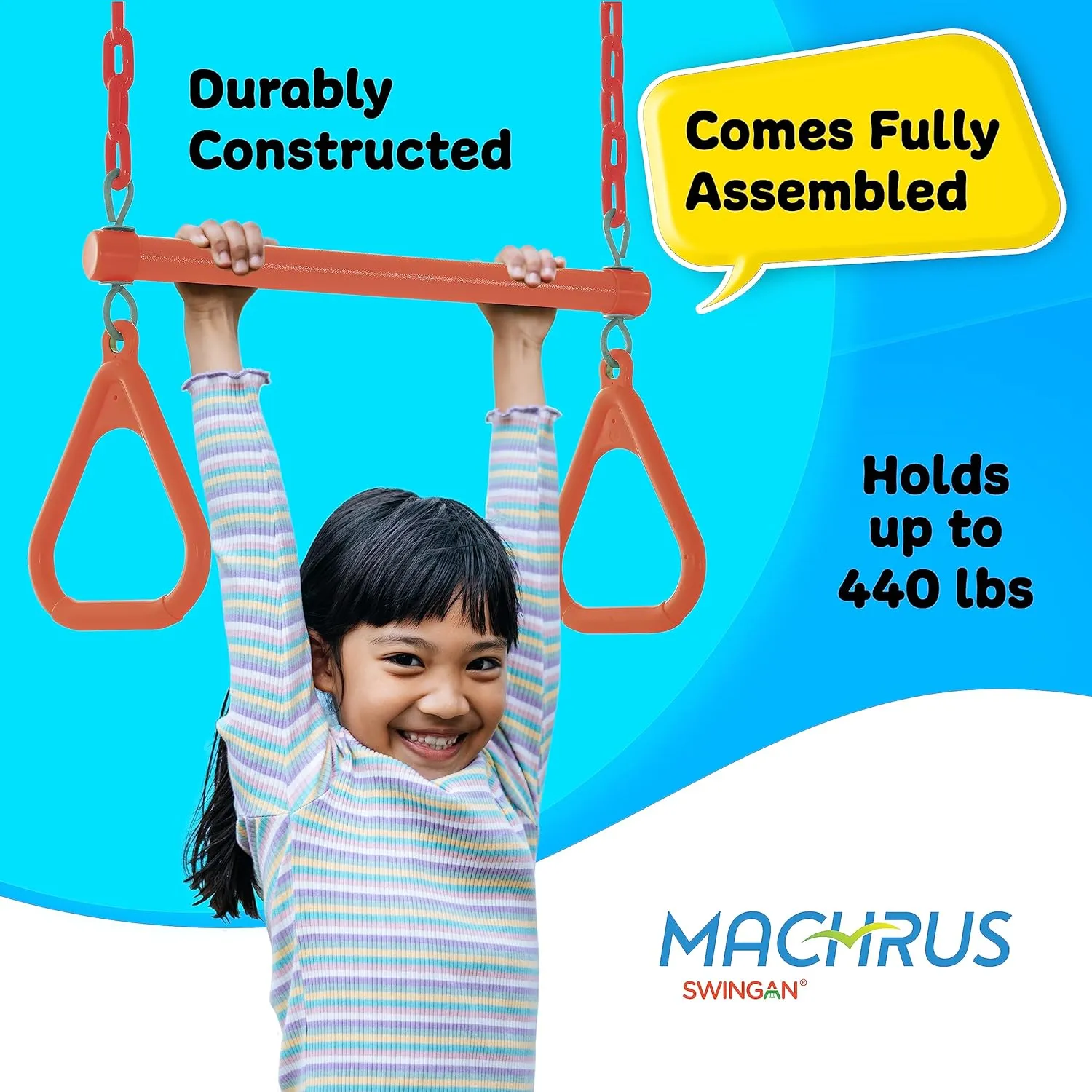 Machrus Swingan Trapeze Swing Bar with Vinyl Coated Chain - Fully Assembled - Orange