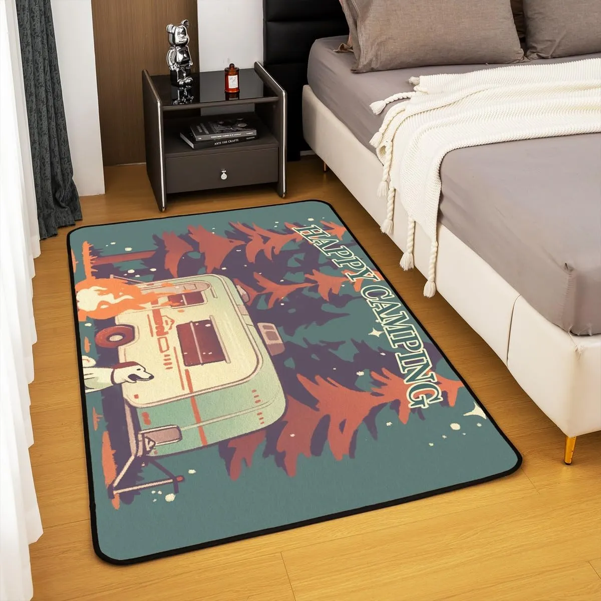 Manfei Happy Camping Indoor Rug 5x6'6'',Rustic Farmhouse Tourism Trailer Cute Dog Kids Adults Rugs for Home Decor,Jungle Pine Trees Starry Moon Night Indoor Rug for Bedroom Playroom Bedside