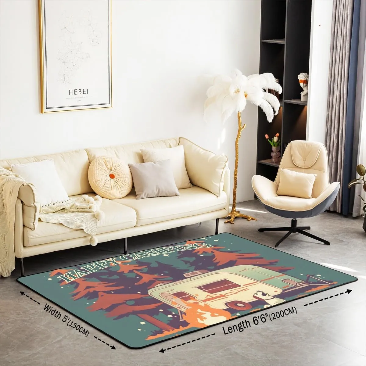 Manfei Happy Camping Indoor Rug 5x6'6'',Rustic Farmhouse Tourism Trailer Cute Dog Kids Adults Rugs for Home Decor,Jungle Pine Trees Starry Moon Night Indoor Rug for Bedroom Playroom Bedside