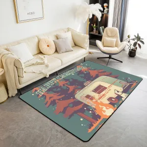 Manfei Happy Camping Indoor Rug 5x6'6'',Rustic Farmhouse Tourism Trailer Cute Dog Kids Adults Rugs for Home Decor,Jungle Pine Trees Starry Moon Night Indoor Rug for Bedroom Playroom Bedside