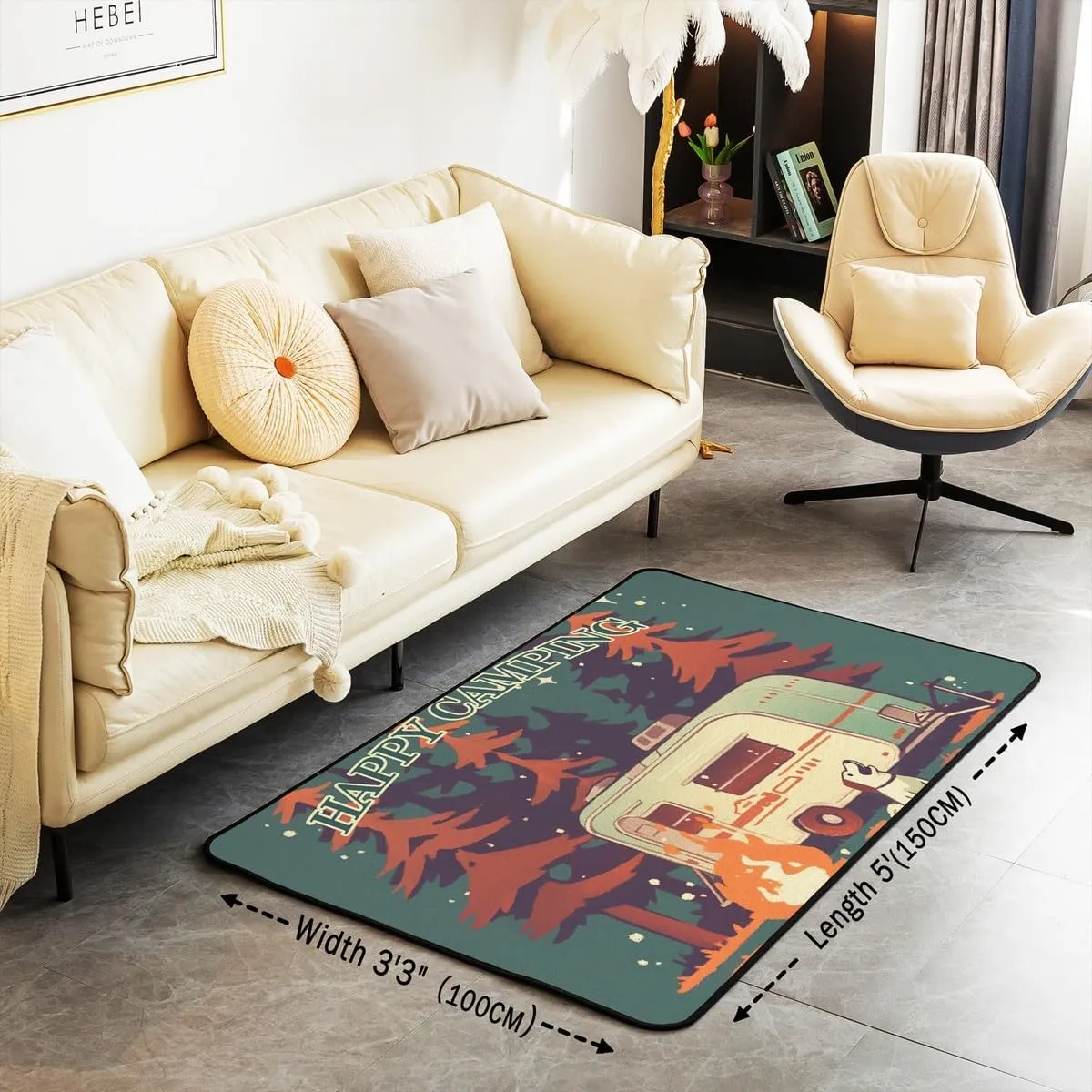 Manfei Happy Camping Indoor Rug 5x6'6'',Rustic Farmhouse Tourism Trailer Cute Dog Kids Adults Rugs for Home Decor,Jungle Pine Trees Starry Moon Night Indoor Rug for Bedroom Playroom Bedside