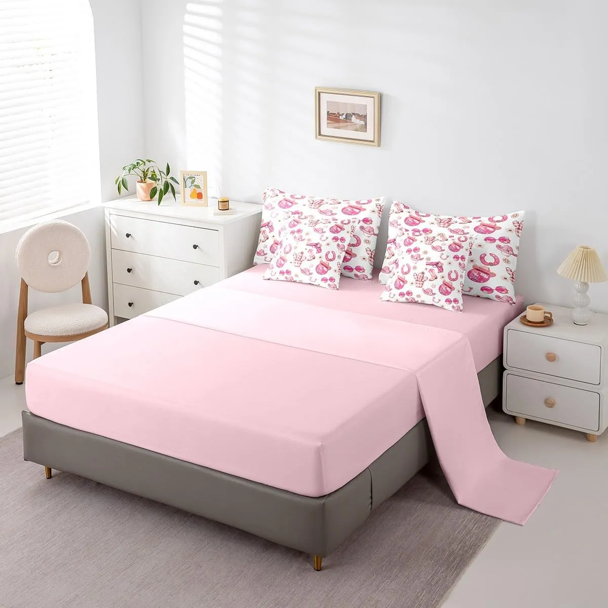 Manfei Western Rock 7 Pieces Bedding Set Twin Bed in a Bag,Cowgirl Boots Hats Comforter Set with Comforter,Flat,Fitted Sheet,Pillowcases,Pillow Covers,Pink Geometry Lattice Print Soft Warm Bedding