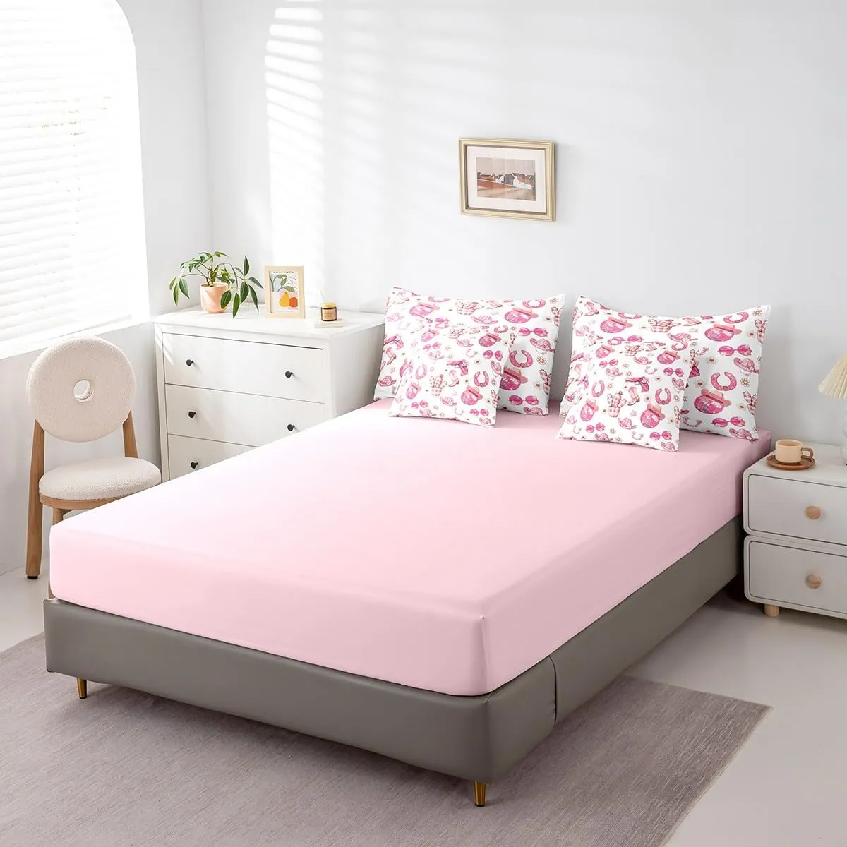 Manfei Western Rock 7 Pieces Bedding Set Twin Bed in a Bag,Cowgirl Boots Hats Comforter Set with Comforter,Flat,Fitted Sheet,Pillowcases,Pillow Covers,Pink Geometry Lattice Print Soft Warm Bedding
