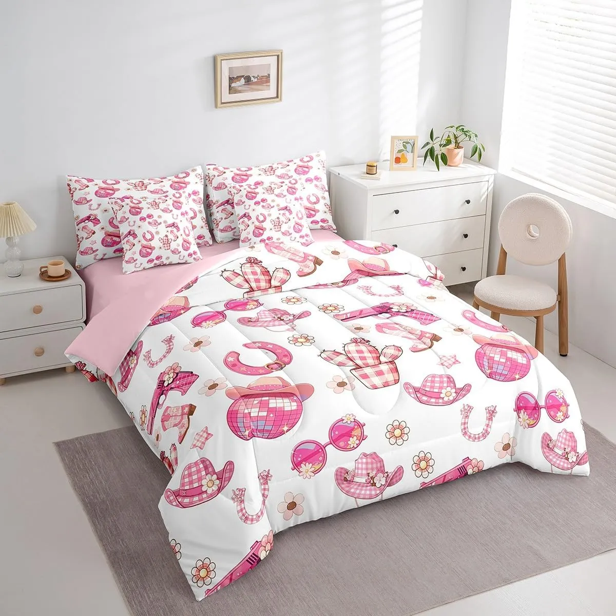 Manfei Western Rock 7 Pieces Bedding Set Twin Bed in a Bag,Cowgirl Boots Hats Comforter Set with Comforter,Flat,Fitted Sheet,Pillowcases,Pillow Covers,Pink Geometry Lattice Print Soft Warm Bedding