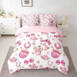 Manfei Western Rock 7 Pieces Bedding Set Twin Bed in a Bag,Cowgirl Boots Hats Comforter Set with Comforter,Flat,Fitted Sheet,Pillowcases,Pillow Covers,Pink Geometry Lattice Print Soft Warm Bedding