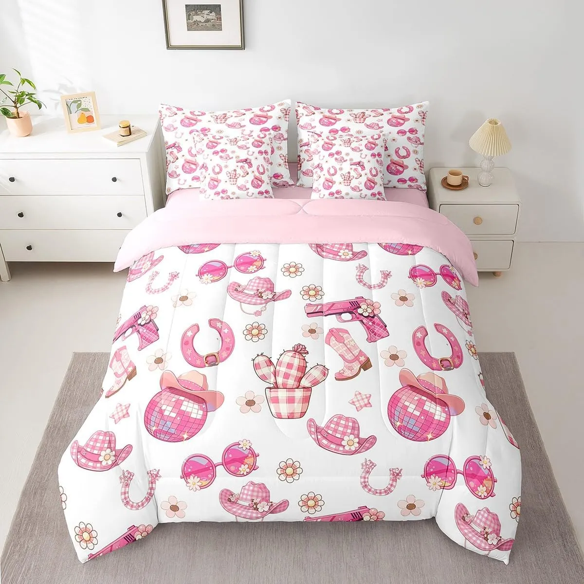 Manfei Western Rock 7 Pieces Bedding Set Twin Bed in a Bag,Cowgirl Boots Hats Comforter Set with Comforter,Flat,Fitted Sheet,Pillowcases,Pillow Covers,Pink Geometry Lattice Print Soft Warm Bedding