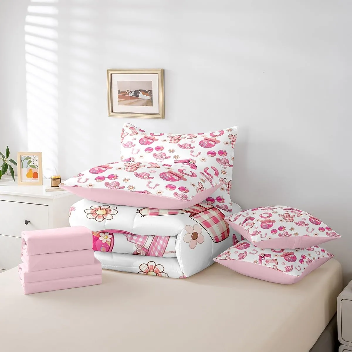 Manfei Western Rock 7 Pieces Bedding Set Twin Bed in a Bag,Cowgirl Boots Hats Comforter Set with Comforter,Flat,Fitted Sheet,Pillowcases,Pillow Covers,Pink Geometry Lattice Print Soft Warm Bedding